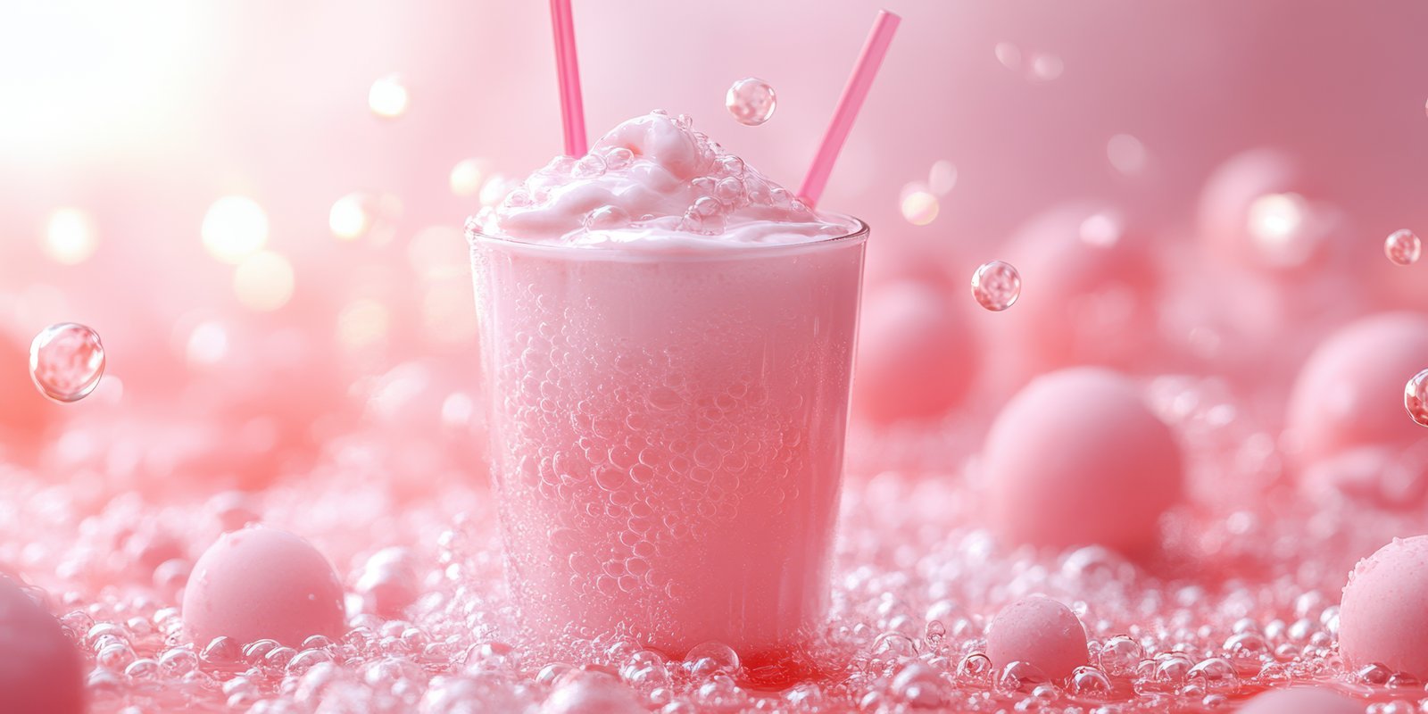 Refreshing pink drink with bubbles and froth served in a clear glass, surrounded by soft pink balls